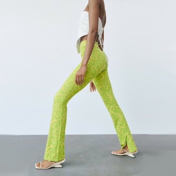 NWT Zara lime green & yellow jacquard high rise flared leggings, S - Picture 5 of 10